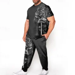 New OUKU Men's Animal Lion 3D Print 2pcs Tees sets Matching Sets Short Sleeve Long pants Crew Neck Fashion Streetwear Casual Outdoor Daily Sports 3D Print Spring & Summer Navy Blue Green Dark Gray