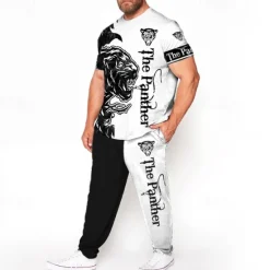 Outlet OUKU Men's Animal Lion 3D Print 2pcs Tees sets Matching Sets Short Sleeve Long pants Crew Neck Fashion Streetwear Casual Outdoor Daily Sports 3D Print Spring & Summer White Blue Black-white