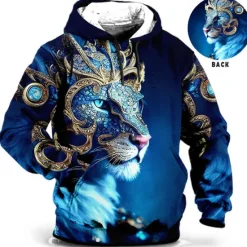 Hot OUKU Men's Animal Lion Graphic Prints Hoodie Hoodies Sweatshirt Daily Classic Long Sleeve Hooded Holiday Going out Streetwear Red Blue Print Spring & Fall Designer