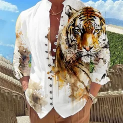 Discount OUKU Men's Animal Lion Shirt Button Up Shirt Long Sleeve Fashion Designer Casual Vacation Daily Going out Fall Autumn / Fall Spring & Summer Stand Collar Print Black Yellow Pink Blue Purple