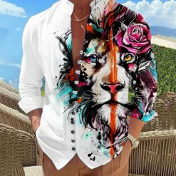 Discount OUKU Men's Animal Lion Shirt Button Up Shirt Long Sleeve Fashion Designer Casual Vacation Daily Going out Fall Autumn / Fall Spring & Summer Stand Collar Print Black Yellow Pink Blue Purple