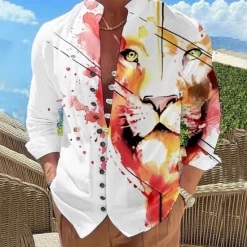 Discount OUKU Men's Animal Lion Shirt Button Up Shirt Long Sleeve Fashion Designer Casual Vacation Daily Going out Fall Autumn / Fall Spring & Summer Stand Collar Print Black Yellow Pink Blue Purple
