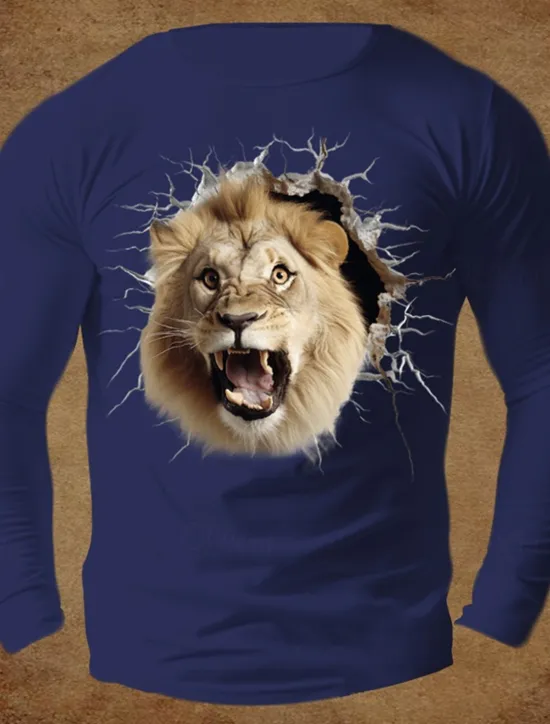 Online OUKU Men's Animal Lion T Shirt 100% Cotton Long Sleeve Graphic Shirt White Orange Dark Blue Comfortable Tee Sports Outdoor Holiday Fashion Designer Clothing