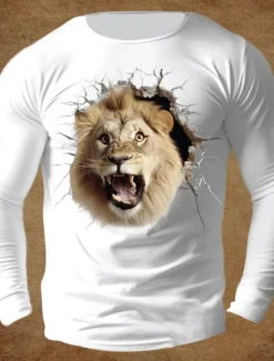Online OUKU Men's Animal Lion T Shirt 100% Cotton Long Sleeve Graphic Shirt White Orange Dark Blue Comfortable Tee Sports Outdoor Holiday Fashion Designer Clothing