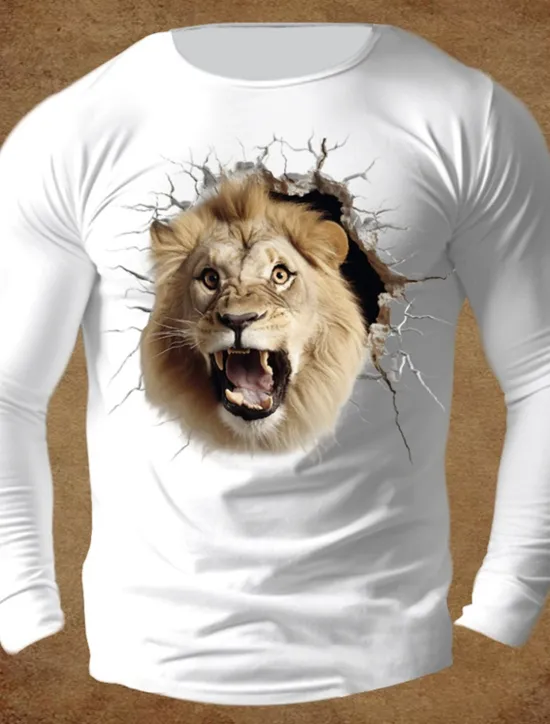 Online OUKU Men's Animal Lion T Shirt 100% Cotton Long Sleeve Graphic Shirt White Orange Dark Blue Comfortable Tee Sports Outdoor Holiday Fashion Designer Clothing