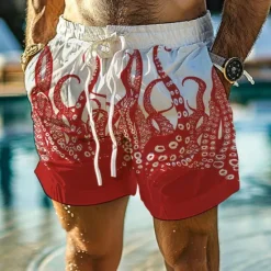Best OUKU Men's Animal Octopus Swim Trunks Swim Shorts Board Shorts Mid Waist Vacation Hawaiian Holiday Vacation Holiday Beach Drawstring with Mesh lining Elastic Waist Designer Clothing Apparel