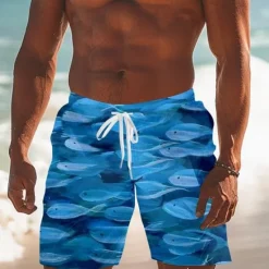 Discount OUKU Men's Animal Optical Illusion Fish Swim Trunks Swim Shorts Board Shorts Mid Waist Fashion Streetwear Hawaiian Casual Daily Holiday Pocket Drawstring Elastic Waist Designer Clothing Apparel Blue