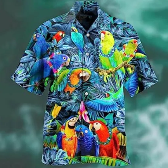 New OUKU Men's Animal Parrot Palm Leaf Shirt Summer Hawaiian Shirt Camp Collar Shirt Short Sleeve Shirt Turndown Fashion Designer Casual Outdoor Street Casual Lake blue Sea Blue Red 3D Print S M L