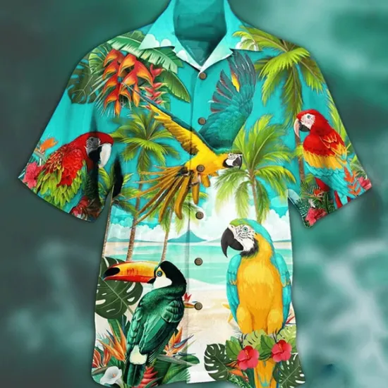New OUKU Men's Animal Parrot Palm Leaf Shirt Summer Hawaiian Shirt Camp Collar Shirt Short Sleeve Shirt Turndown Fashion Designer Casual Outdoor Street Casual Lake blue Sea Blue Red 3D Print S M L