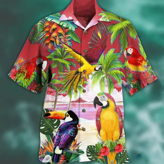 New OUKU Men's Animal Parrot Palm Leaf Shirt Summer Hawaiian Shirt Camp Collar Shirt Short Sleeve Shirt Turndown Fashion Designer Casual Outdoor Street Casual Lake blue Sea Blue Red 3D Print S M L