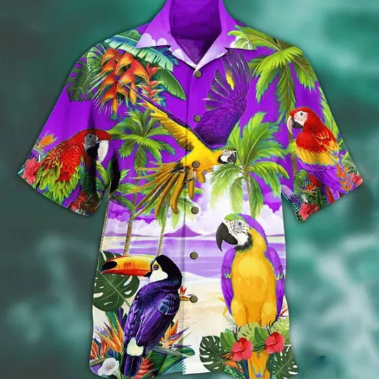 New OUKU Men's Animal Parrot Palm Leaf Shirt Summer Hawaiian Shirt Camp Collar Shirt Short Sleeve Shirt Turndown Fashion Designer Casual Outdoor Street Casual Lake blue Sea Blue Red 3D Print S M L