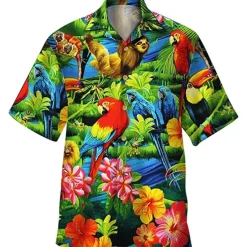 New OUKU Men's Animal Parrot Palm Leaf Shirt Summer Hawaiian Shirt Camp Collar Shirt Short Sleeve Shirt Turndown Fashion Designer Casual Outdoor Street Casual Lake blue Sea Blue Red 3D Print S M L