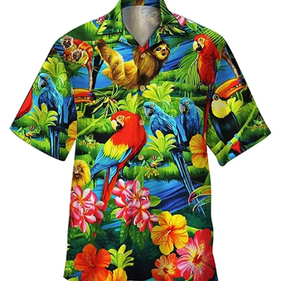 New OUKU Men's Animal Parrot Palm Leaf Shirt Summer Hawaiian Shirt Camp Collar Shirt Short Sleeve Shirt Turndown Fashion Designer Casual Outdoor Street Casual Lake blue Sea Blue Red 3D Print S M L