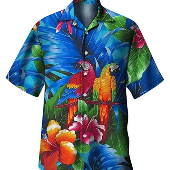New OUKU Men's Animal Parrot Palm Leaf Shirt Summer Hawaiian Shirt Camp Collar Shirt Short Sleeve Shirt Turndown Fashion Designer Casual Outdoor Street Casual Lake blue Sea Blue Red 3D Print S M L