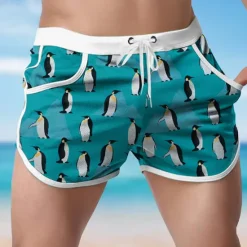 Hot OUKU Men's Animal Penguin Swim Shorts Board Shorts Swimming Trunks Mid Waist Fashion Designer Surfing Holiday Beach Pocket Drawstring Elastic Waist Designer Clothing Apparel