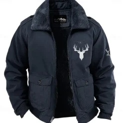 Clearance OUKU Men's Animal Reindeer Embroidered Fleece Jacket Cargo Jacket Long Sleeve Military Tactical Thermal Warm Coat Vintage Casual Style Cotton Bomber Jacket with Turn-down Collar khaki Army Green Dark Blue