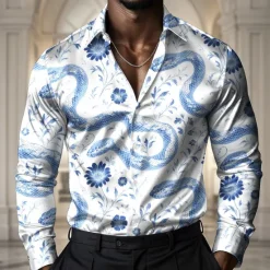 Best OUKU Men's Animal Snake Flowers Shirt Satin Shirt Dress Shirt Long Sleeve Vintage Retro Vacation Dailywear Summer Spring Fall Turndown 3D Print Button Up Shirts Black White Blue Green