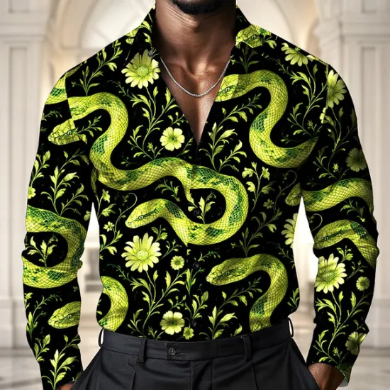 Best OUKU Men's Animal Snake Flowers Shirt Satin Shirt Dress Shirt Long Sleeve Vintage Retro Vacation Dailywear Summer Spring Fall Turndown 3D Print Button Up Shirts Black White Blue Green