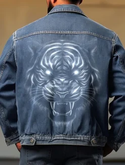 Sale OUKU Men's Animal Tiger Coat Jean Jacket Denim Jacket Breathable Comfortable Casual Sports & Outdoor Going out Weekend Buttons Print Fall & Winter Turndown Long Sleeve Black Blue