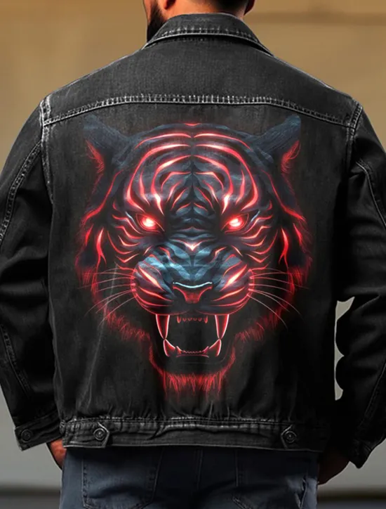 Sale OUKU Men's Animal Tiger Coat Jean Jacket Denim Jacket Breathable Comfortable Casual Sports & Outdoor Going out Weekend Buttons Print Fall & Winter Turndown Long Sleeve Black Blue