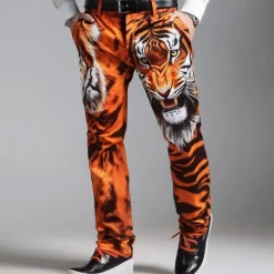 Online OUKU Men's Animal Tiger Dress Pants Trousers Suit Pants Mid Waist Vintage Retro Vacation Casual Regular Fit Flat-Front Straight Leg Pants with Pockets Summer Spring Fall 3D Print Orange khaki