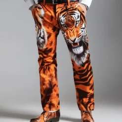 Online OUKU Men's Animal Tiger Dress Pants Trousers Suit Pants Mid Waist Vintage Retro Vacation Casual Regular Fit Flat-Front Straight Leg Pants with Pockets Summer Spring Fall 3D Print Orange khaki