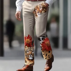 Online OUKU Men's Animal Tiger Dress Pants Trousers Suit Pants Mid Waist Vintage Retro Vacation Casual Regular Fit Flat-Front Straight Leg Pants with Pockets Summer Spring Fall 3D Print Orange khaki