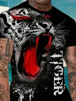 Best OUKU Men's Animal Tiger 2pcs Tees sets Summer Tops Short Sleeve Short Pants Crew Neck Sport Casual Trendy Outdoor Casual Daily 3D Print Summer Blue Red