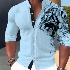 Sale OUKU Men's Animal Tiger Shirt Button Up Shirt Long Sleeve Fashion Streetwear Designer Outdoor Casual Daily Summer Spring Fall Stand Collar Print White Pink Blue Green Khaki
