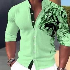Sale OUKU Men's Animal Tiger Shirt Button Up Shirt Long Sleeve Fashion Streetwear Designer Outdoor Casual Daily Summer Spring Fall Stand Collar Print White Pink Blue Green Khaki