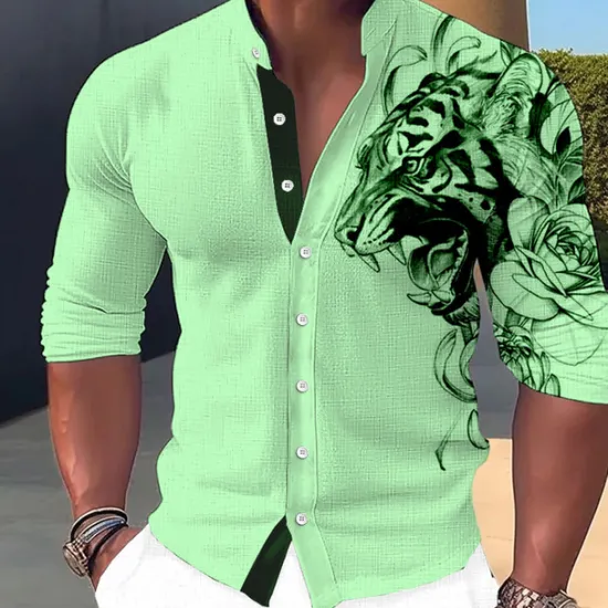 Sale OUKU Men's Animal Tiger Shirt Button Up Shirt Long Sleeve Fashion Streetwear Designer Outdoor Casual Daily Summer Spring Fall Stand Collar Print White Pink Blue Green Khaki