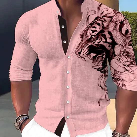 Sale OUKU Men's Animal Tiger Shirt Button Up Shirt Long Sleeve Fashion Streetwear Designer Outdoor Casual Daily Summer Spring Fall Stand Collar Print White Pink Blue Green Khaki