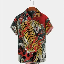 Sale OUKU Men's Animal Tiger Shirt Summer Hawaiian Shirt Aloha Shirt Short Sleeves Shirt Turndown Tropical Fashion Hawaiian Outdoor Street Hawaiian S M L Red