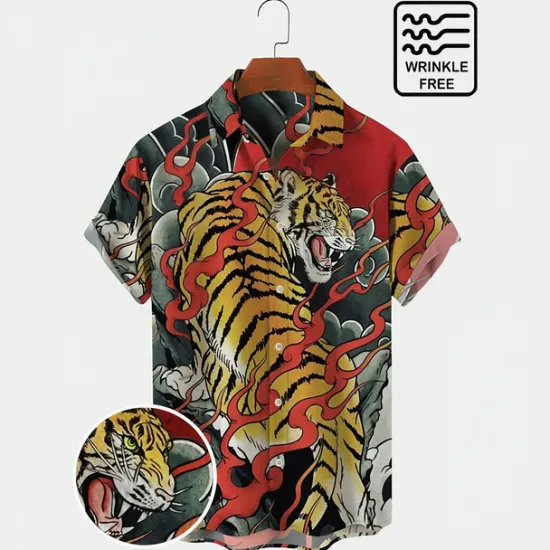 Sale OUKU Men's Animal Tiger Shirt Summer Hawaiian Shirt Aloha Shirt Short Sleeves Shirt Turndown Tropical Fashion Hawaiian Outdoor Street Hawaiian S M L Red