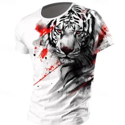 Online OUKU Men's Animal Tiger T Shirt T shirt 3D Print Crew Neck Shirt Fashion Athleisure Street Sports Outdoor Black / White White Summer Spring Clothing Apparel S M L XL XXL XXXL