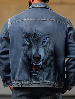 Discount OUKU Men's Animal Wolf Coat Jean Jacket Denim Jacket Breathable Comfortable Casual Sports & Outdoor Going out Weekend Buttons Print Fall & Winter Turndown Long Sleeve Black Blue