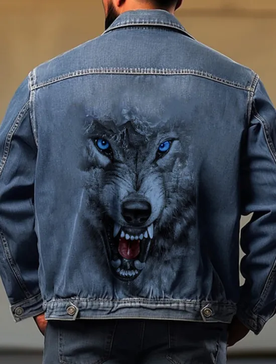 Discount OUKU Men's Animal Wolf Coat Jean Jacket Denim Jacket Breathable Comfortable Casual Sports & Outdoor Going out Weekend Buttons Print Fall & Winter Turndown Long Sleeve Black Blue