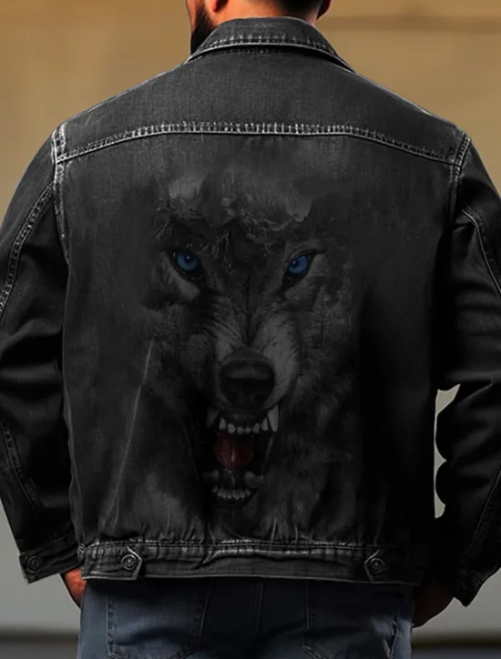 Discount OUKU Men's Animal Wolf Coat Jean Jacket Denim Jacket Breathable Comfortable Casual Sports & Outdoor Going out Weekend Buttons Print Fall & Winter Turndown Long Sleeve Black Blue