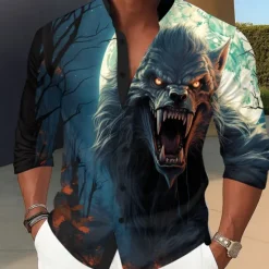 Clearance OUKU Men's Animal Wolf Devil Shirt Stand Collar Shirt Long Sleeve Dark Punk Gothic Style Holiday Spring Fall Mandarin Collar Band Collar 3D Print Button Up Shirts Blue Orange