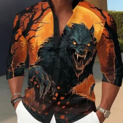 Clearance OUKU Men's Animal Wolf Devil Shirt Stand Collar Shirt Long Sleeve Dark Punk Gothic Style Holiday Spring Fall Mandarin Collar Band Collar 3D Print Button Up Shirts Blue Orange