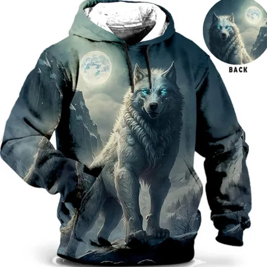 Sale OUKU Men's Animal Wolf Graphic Prints Hoodie Hoodies Sweatshirt Daily Classic Long Sleeve Hooded Holiday Going out Streetwear Blue Brown Print Spring & Fall Designer