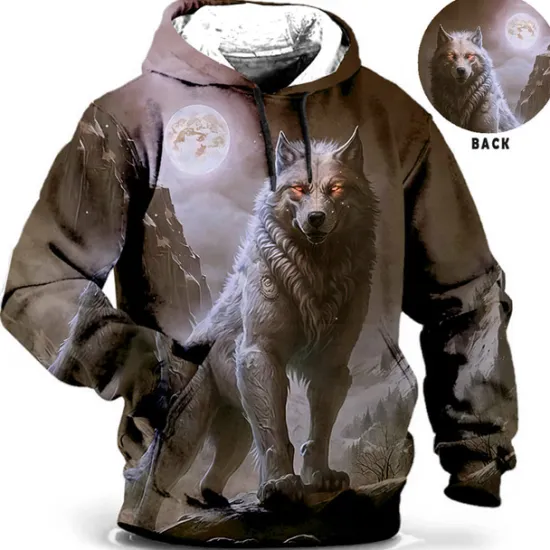 Sale OUKU Men's Animal Wolf Graphic Prints Hoodie Hoodies Sweatshirt Daily Classic Long Sleeve Hooded Holiday Going out Streetwear Blue Brown Print Spring & Fall Designer