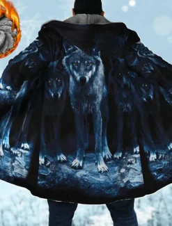 New OUKU Men's Animal Wolf Graphic Prints Winter Coat Fleece Jacket Coat Warm Breathable Comfortable Fashion Streetwear Sport Sports & Outdoor Daily Wear Going out Zipper Pocket Print Fall & Winter Hoodie Blue