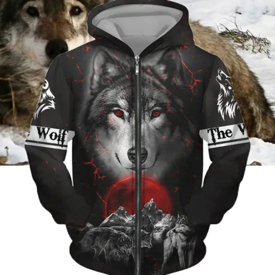 Hot OUKU Men's Animal Wolf Graphic Prints Hoodie Hoodies Sweatshirt Streetwear Designer Long Sleeve Hooded Sports & Outdoor Daily Sports Black Brown Zipper Print Spring & Fall Designer