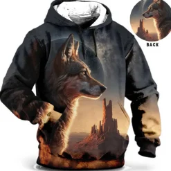 Best OUKU Men's Animal Wolf Graphic Prints Hoodie Hoodies Sweatshirt Daily Classic Long Sleeve Hooded Holiday Going out Streetwear Blue Brown Print Spring & Fall Designer
