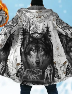 Hot OUKU Men's Animal Wolf Graphic Prints Winter Coat Fleece Jacket Coat Warm Breathable Comfortable Fashion Streetwear Sport Sports & Outdoor Daily Wear Going out Zipper Pocket Print Fall & Winter Hoodie Gray