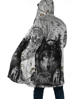 Hot OUKU Men's Animal Wolf Graphic Prints Winter Coat Fleece Jacket Coat Warm Breathable Comfortable Fashion Streetwear Sport Sports & Outdoor Daily Wear Going out Zipper Pocket Print Fall & Winter Hoodie Gray