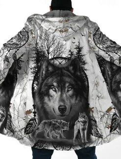 Hot OUKU Men's Animal Wolf Graphic Prints Winter Coat Fleece Jacket Coat Warm Breathable Comfortable Fashion Streetwear Sport Sports & Outdoor Daily Wear Going out Zipper Pocket Print Fall & Winter Hoodie Gray
