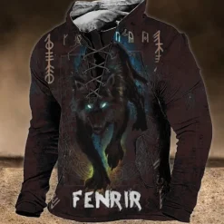 Outlet OUKU Men's Animal Wolf Graphic Prints Sweatshirt Pullover Long Sleeve Sweatshirt Standing Collar Streetwear Designer Basic 3D Print Sports & Outdoor Casual Daily Lace up Spring & Fall