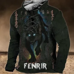 Outlet OUKU Men's Animal Wolf Graphic Prints Sweatshirt Pullover Long Sleeve Sweatshirt Standing Collar Streetwear Designer Basic 3D Print Sports & Outdoor Casual Daily Lace up Spring & Fall